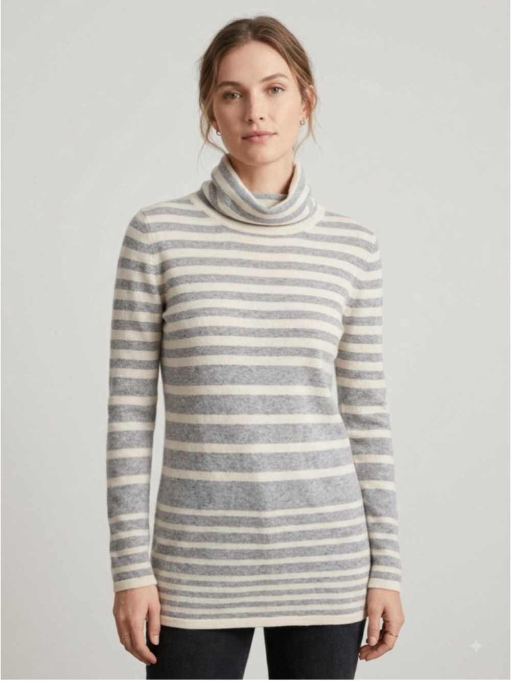 Black Goat Cashmere Cream and Grey Striped Roll Neck Tunic Sweater Size S